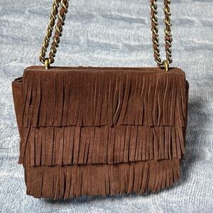LIKE NEW! Tory Burch Suede Fringe Crossbody - Chocolate Brown / Gold